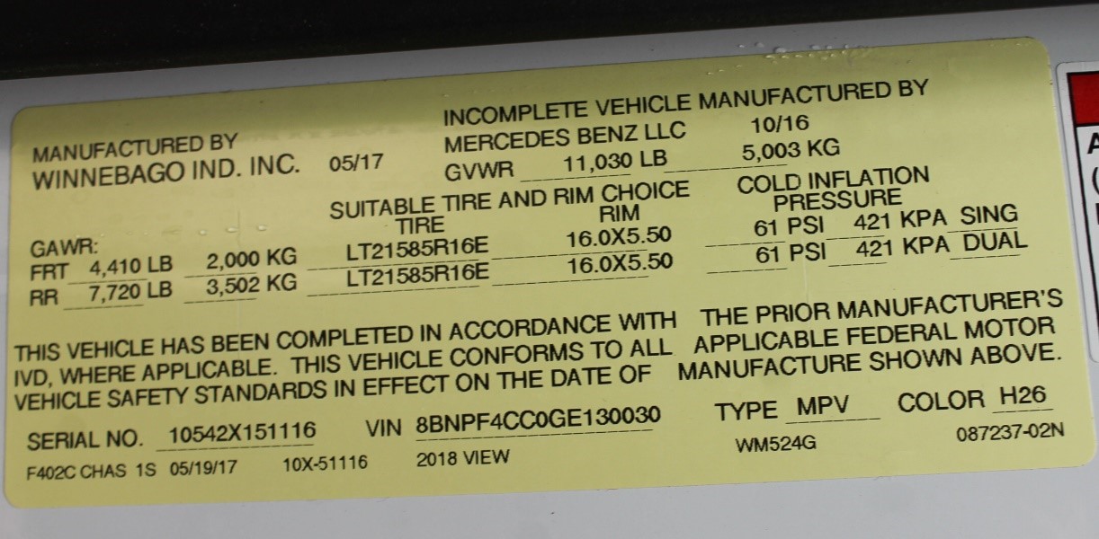 Class A Motorhome Weight Chart